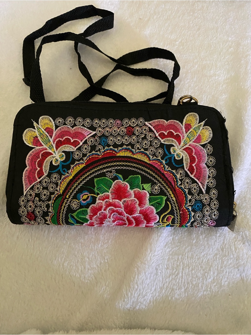 Black Floral Embroidered Crossbody Bag with Pink Accents